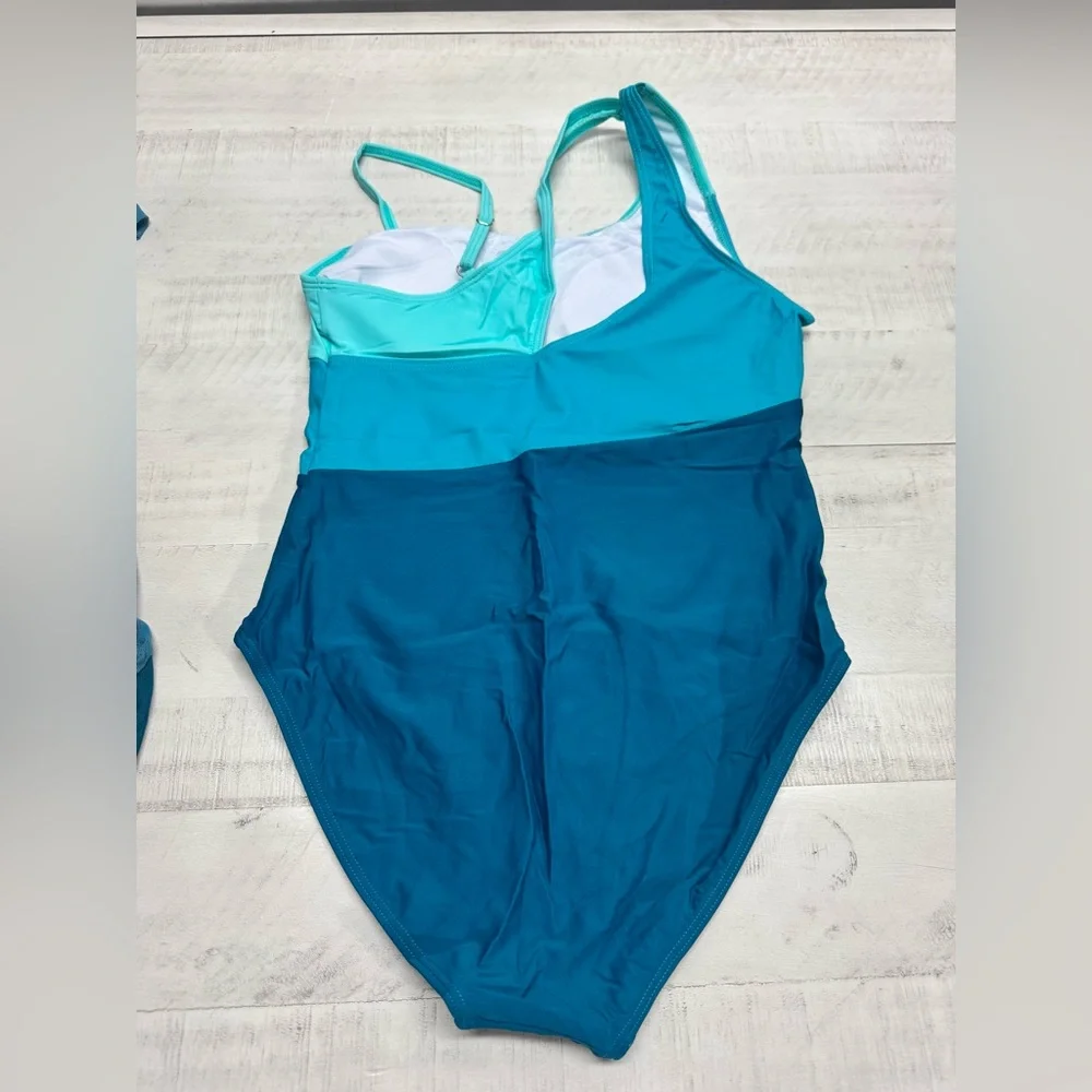 Girs Blue Colorblock One-Piece Swimsuit with cover up